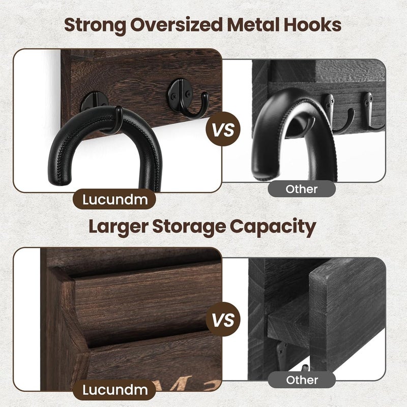 Lucundm Mail and Key Holder - Decorative 9.8" x 12.5" Wall Key Hanger with 2 Mail Organizer Slots and 3 Hooks - Real Paulownia Wood with Keyhole Brackets, Hardware and Instructions (Brown) - Image 4